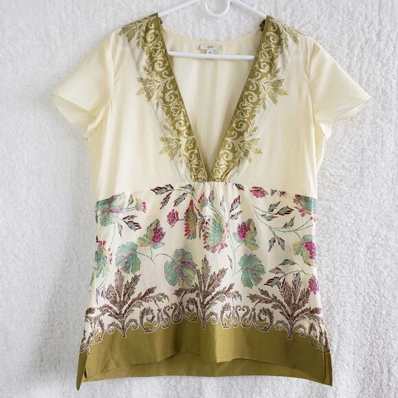 J. Jill Tops - J. Jill Cream Linen Floral Print Deep V Tunic Top